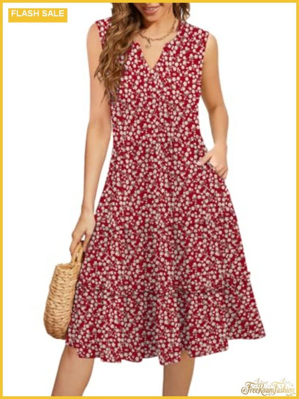Flowy Boho Midi Sun Dress with Pockets Sleeveless Smocked Tiered